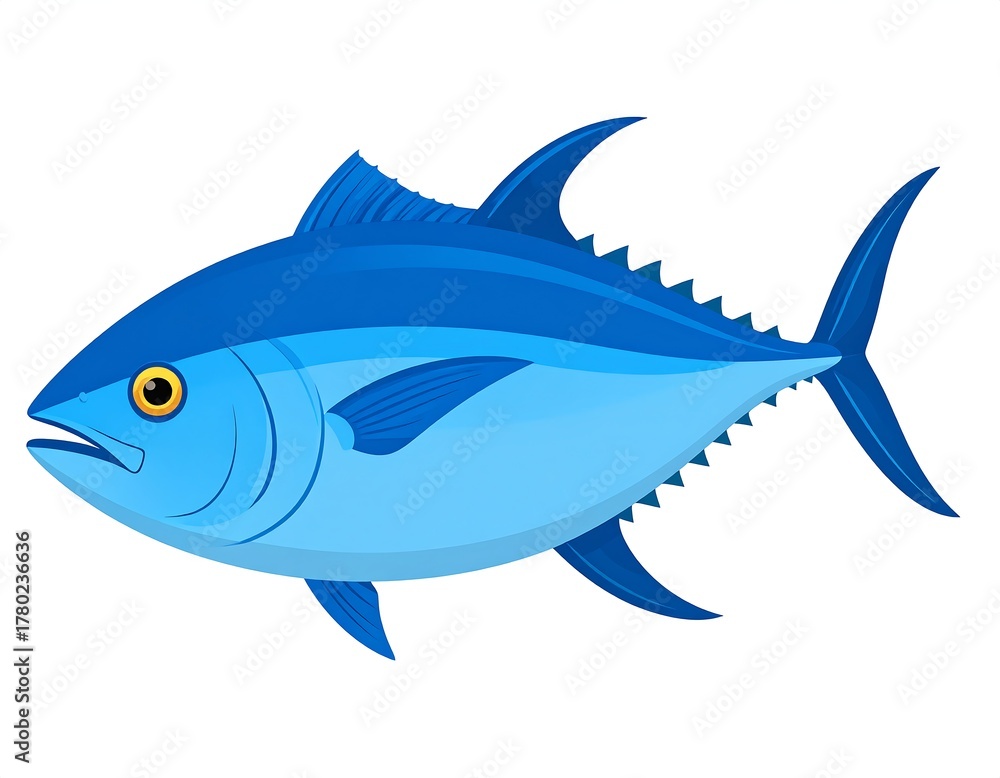 Obraz premium Animated illustration of a tuna fish in shades of blue with a yellow eye
