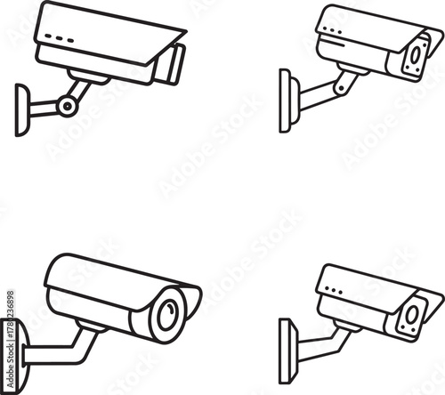 Collection of four hand drawn security cameras mounted on walls for surveillance and protection
