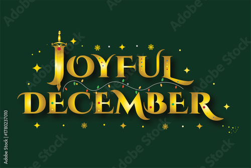 Golden Joyful December Typography with Christmas Lights