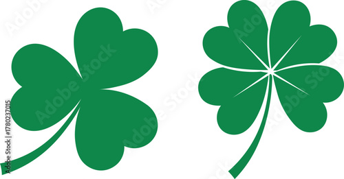 Two green shamrock and four leaf clover symbols on white background luck
