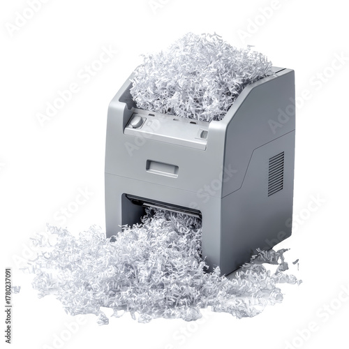 Gray paper shredder with shredded paper png office png document png security png waste png machine png bin png equipment png destroy png recycle png transparent background image