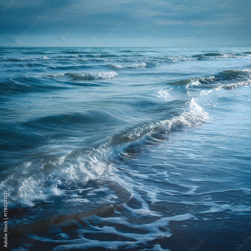 Fototapeta premium Stunning high resolution seascape of delicate ocean waves curling and gliding across the sea surface with reflective light and graceful rhythm conveying peace and movement waves on the beach