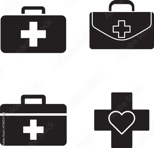 Collection of medical cross and first aid kit icons for healthcare and emergency services