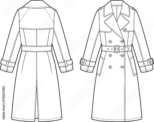 Cad drawing flat vector illustration, fashion trench coat technical sketch, garment