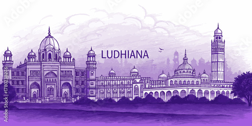 Ludhiana Skyline Line Art Illustration for Travel Posters, Tourism Promotion, and Cultural Merchandise Featuring Clock Tower, Phillaur Fort, and Lodhi Fort