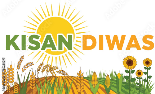 Happy Kisan Diwas with sun, field, wheat, and sunflower.