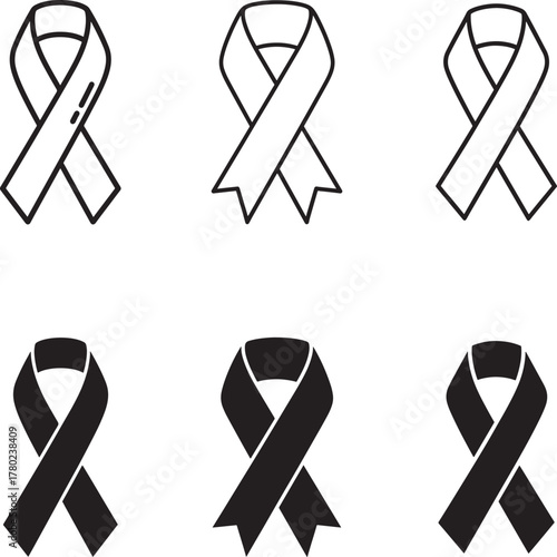 Set of six hand drawn memorial awareness ribbons in black Silhouette and outline styles
