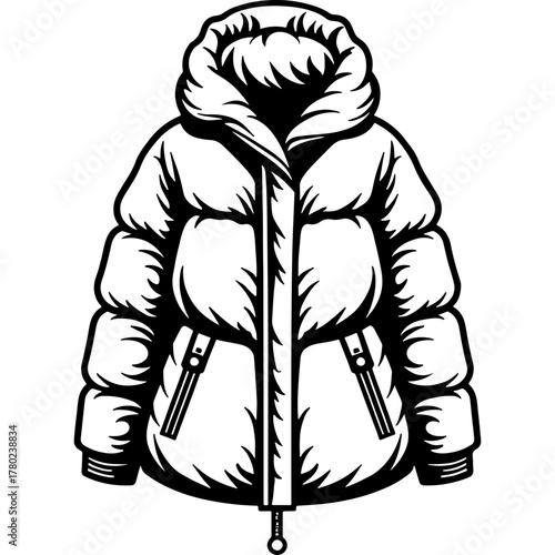 Warm women coat with faux fur. Engraving minimalistic vector in black ink drawing on transparent background