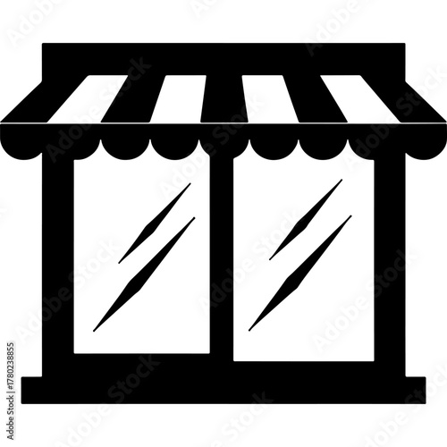 Glass shop window. Engraving minimalistic vector in black ink drawing on transparent background