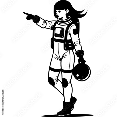 Sketchy emblem of girl astronaut points forward standing on the surface of a new planet. Engraving minimalistic vector in black ink drawing on transparent background
