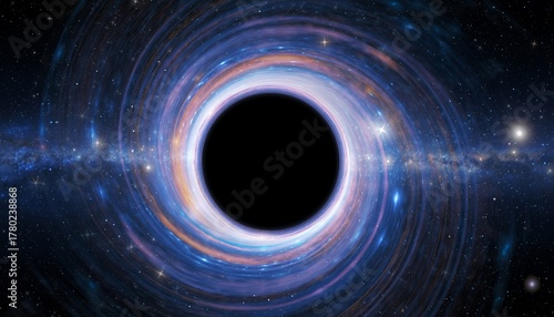 Black Hole in Space Surrounded by Colorful Galaxy and Stars