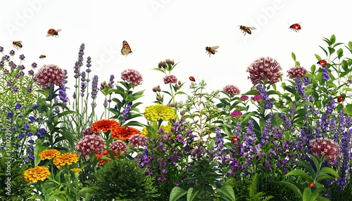 Colorful Flowerbed with Flying Insects on White Background