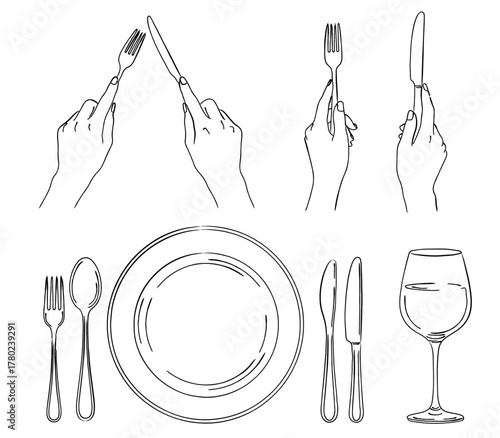 カトラリーと食器の線画イラストセット,フォーク,ナイフ,スプーン,お皿,ワイングラス,食卓