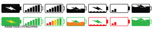 Battery level indicators. Colorful battery charge level icons. Battery power level pictograms in outline defrent style. Vector