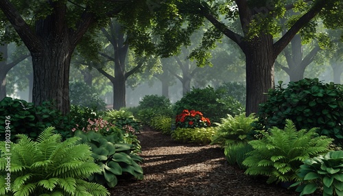 Tranquil Path Through Green Forest with Red Flowering Bushes