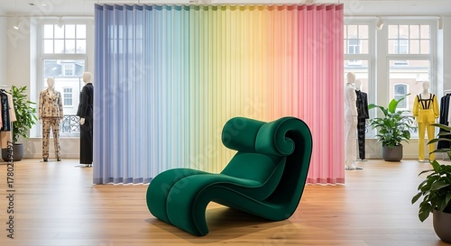 Bold Green Chaise Lounge in a Brightly Lit Retail Space with Rainbow Curtains interior design