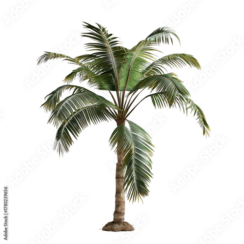 Palm tree with bright green leaves. Natural landscape element. Plant of wild Bali jungle on isolated transparent, alpha background png