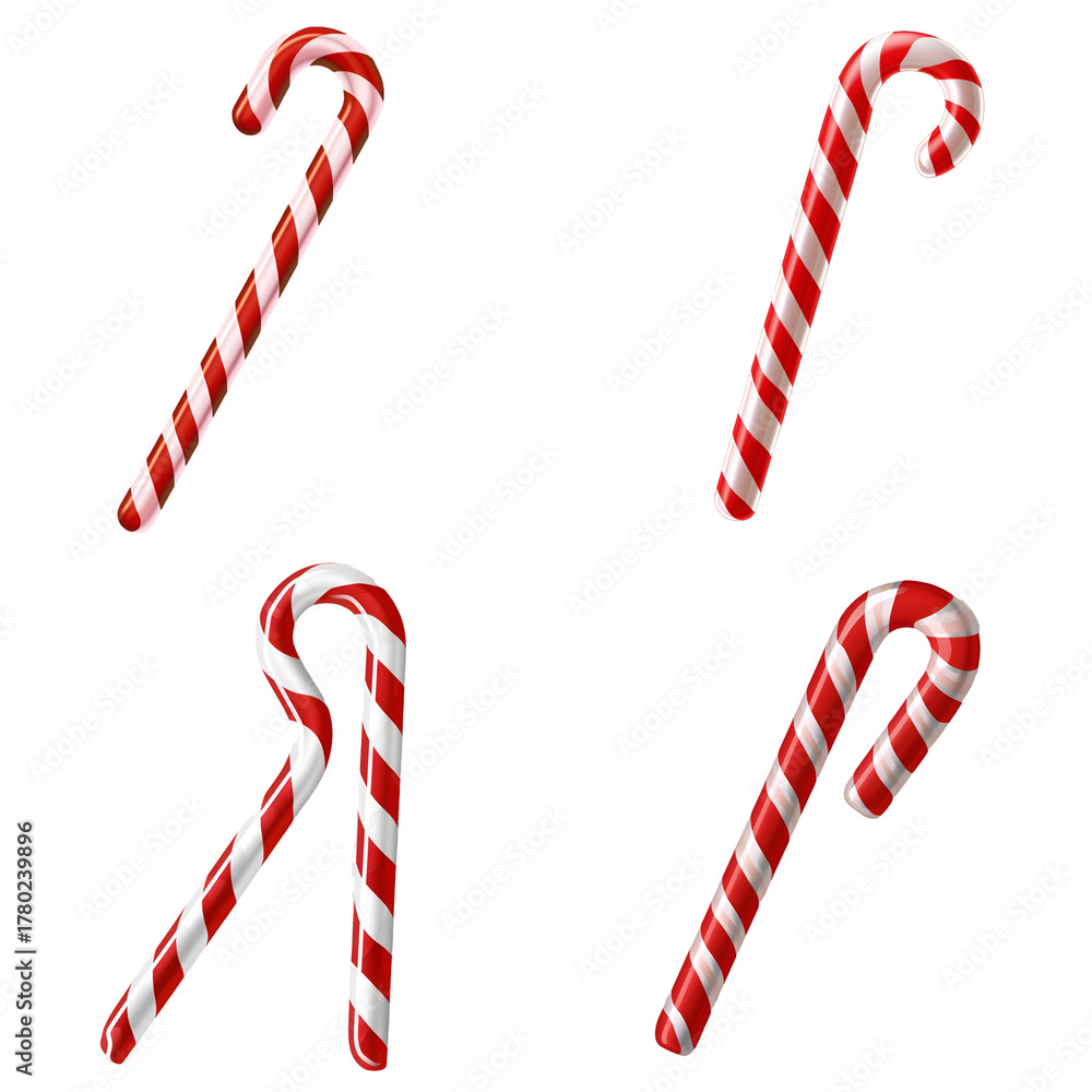 Fototapeta premium Collection of red and white striped candy canes on transparent background, ideal for holiday decorations, Christmas cards, seasonal marketing, and festive design projects.