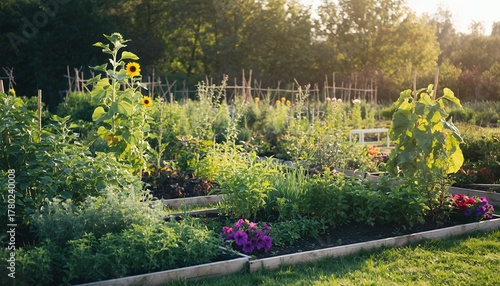 Blooming Garden with Green Plants and Sunflowers in Summer Sunlight