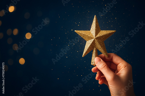 A magical and bright Christmas concept. A sparkling gold star tree topper held by a graceful hand. Dark blue background with soft, out-of-focus golden lights.