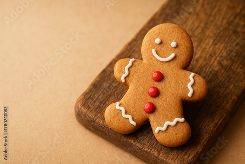 A single, beautifully decorated gingerbread man with white icing and red candy buttons, placed on a rustic wooden board. Soft-focus background in a warm beige tone, offering generous copy space.