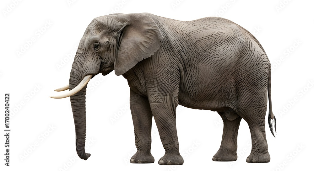 Obraz premium Majestic African Elephant with Long Tusks Standing Gracefully on White Background