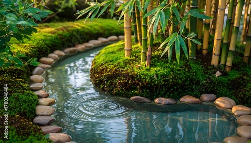 Serene Water Stream with Green Moss and Bamboo in Tranquil Garden