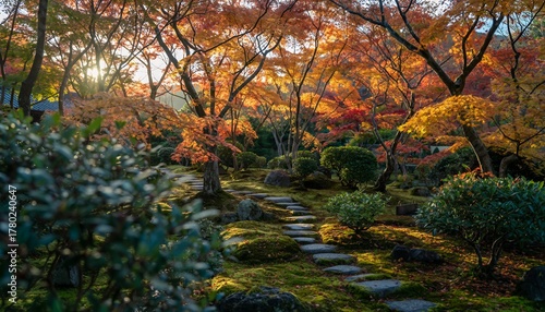 Autumn Garden with Stone Pathway and Colorful Maple Trees