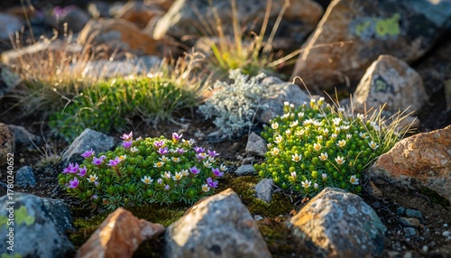 Tiny Wildflowers Blooming Among Rocks in Outdoor Alpine Landscape