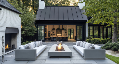 Modern outdoor living space featuring sleek gray sofas, a central fire pit, and warm evening ambiance surrounded by lush greenery and soft lighting — generative AI