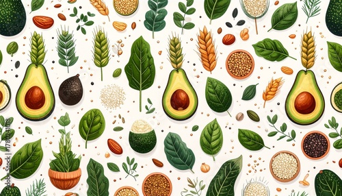 seamless pattern with wheat and avocado 