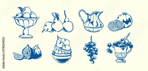 Hand drawn Fruit and container set, Whimsical sketch art with fruit, bowl and  pedestal filled,  vector illustration for branding, advertising, posters, banners, invitation, card	