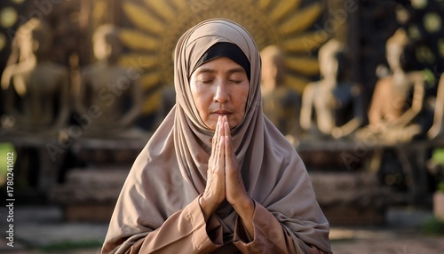 Serene Woman Wearing Beige Hijab Praying with Hands Together in Buddhist Temple