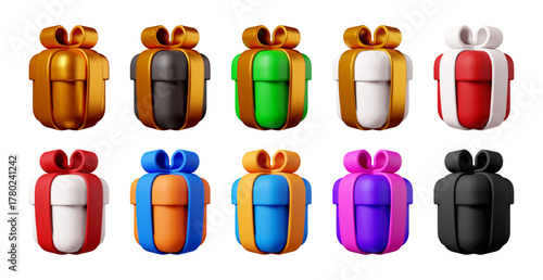 Set of colorful gift boxes with ribbon. Festive 3d stock vector illustration with present for happy birthday, Christmas, Black Friday sale.