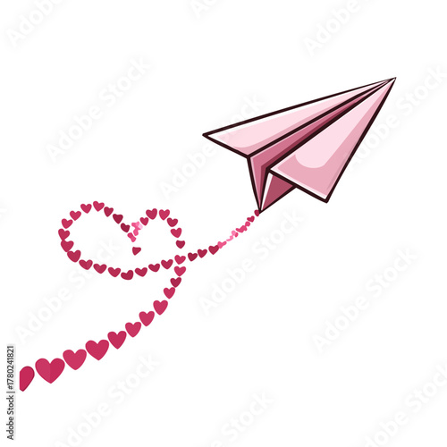 Pink paper airplane with a trail of hearts, symbolizing love and travel.