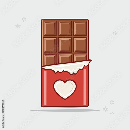 A cute cartoon illustration of a milk chocolate bar in a red wrapper decorated with a white heart.