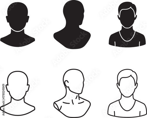 Collection of six diverse human head and shoulder silhouettes and line drawings