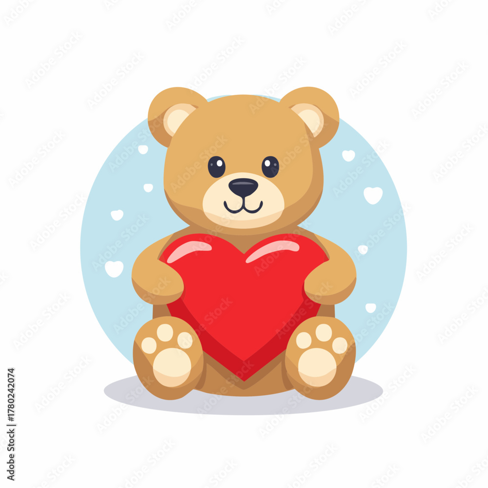 Obraz premium A cute cartoon teddy bear holding a large red heart in its paws, with a light blue background and small white hearts.