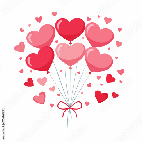 A bouquet of heart-shaped balloons in various shades of pink and red, tied together.