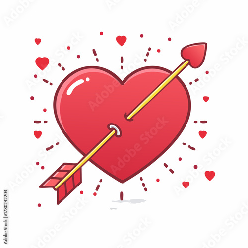 Illustration of a red heart pierced by a golden arrow, surrounded by smaller hearts and radiating lines.