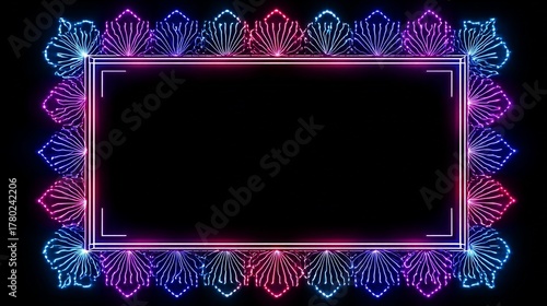 Glowing Neon Light Frame with Ornamental Border on Black Background Illustration