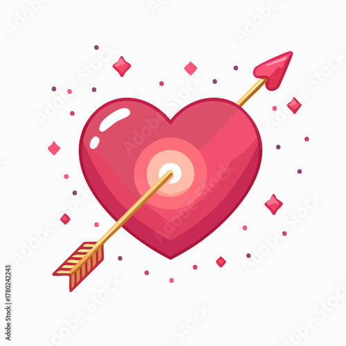 A vibrant pink heart pierced by a golden arrow, symbolizing love and romance, with sparkling accents.