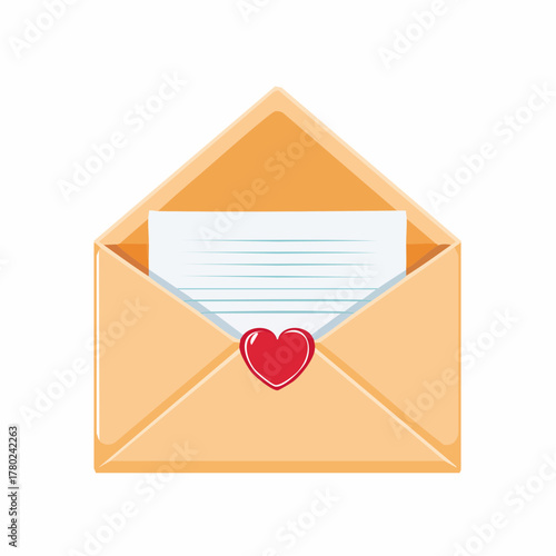 An open orange envelope with a letter inside and a red heart sticker sealing it.