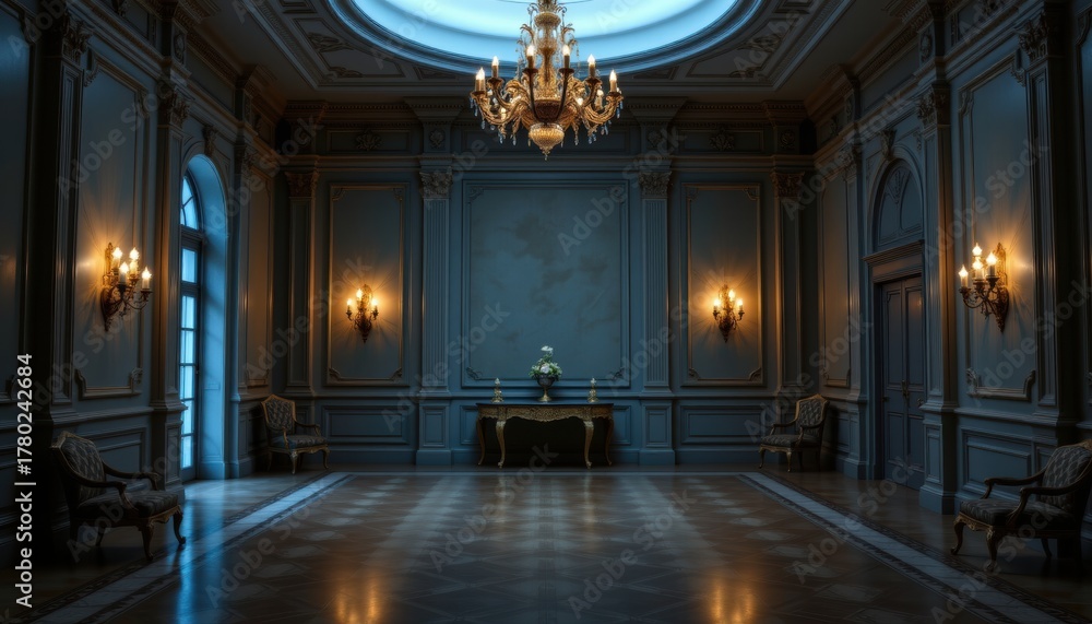 Obraz premium Dark and moody nighttime shot of an empty elegant room, bathed in soft diffused lighting
