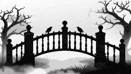 Enigmatic bridge with birds in silhouette over misty landscape, evoking mystery and tranquility
