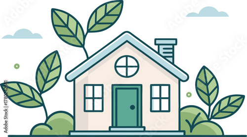 Charming eco friendly house illustration symbolizing sustainable living and green real estate, inviting and serene concept