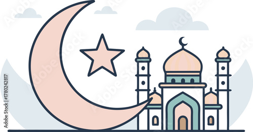 Serene crescent moon and star alongside a beautiful mosque, evoking Islamic culture and spiritual celebration for Ramadan and Eid