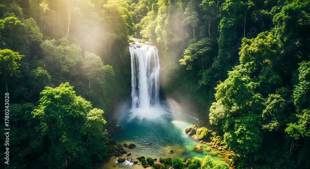 Fototapeta premium Stunning Aerial View of Powerful Waterfall in Dense Tropical Jungle – Misty Rainforest Atmosphere, Emerald Pool, Natural Paradise, Eco Adventure, and Untouched Wilderness Landscape
