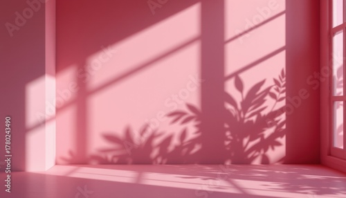 Create an abstract pink studio background with shadows of a window for product presentation