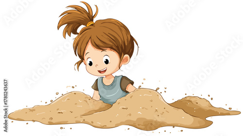 Cheerful Cartoon of Little Girl Playing in Sand Vector Illustration